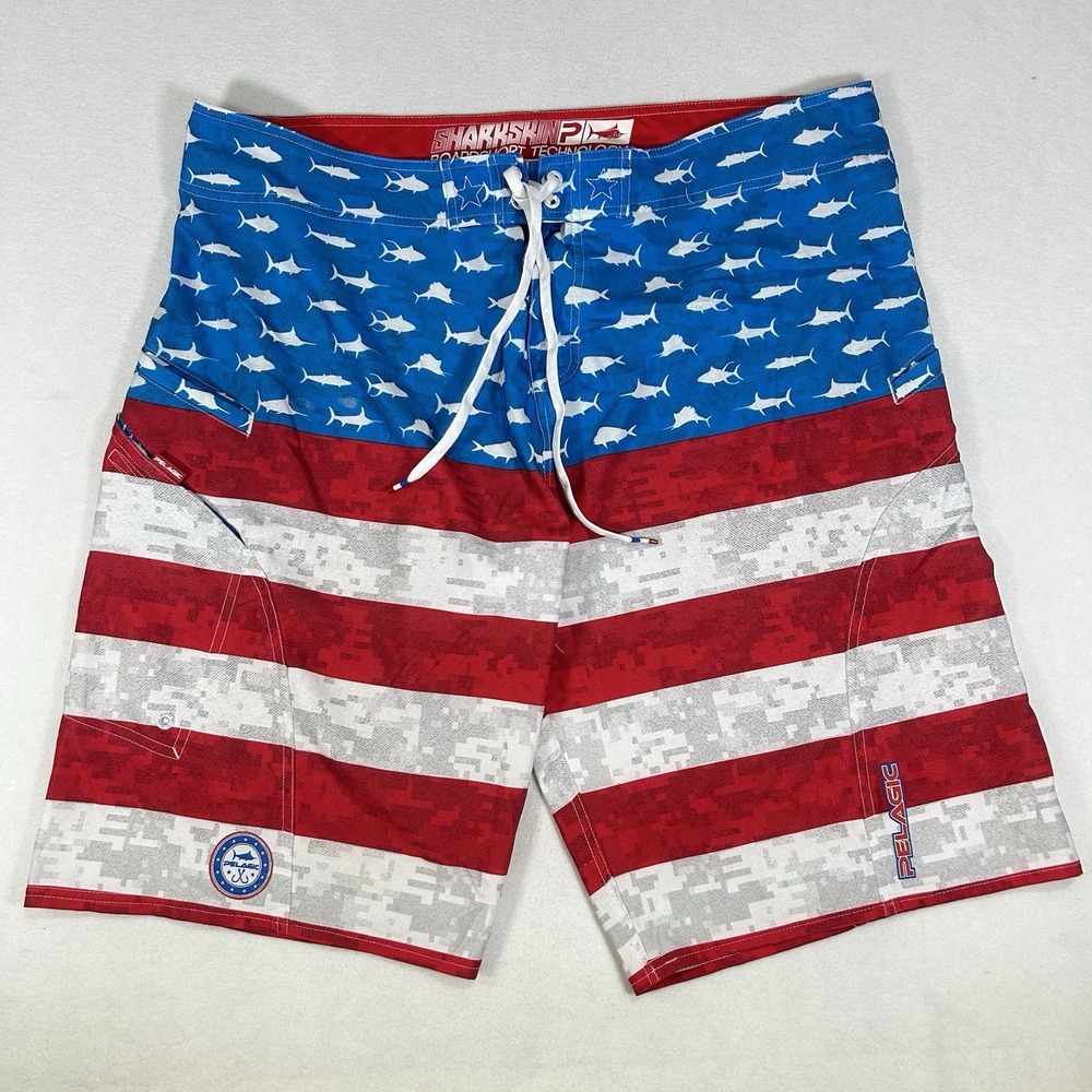 Pelagic Sharkskin Mens Red White Blue Swim Trunks Board Shorts Size 40 USA‎